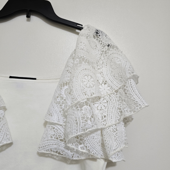 BOSTON PROPER Square Neck Crochet Ruffle Sleeve Stretch Blouse Large Off-White - Picture 10 of 16